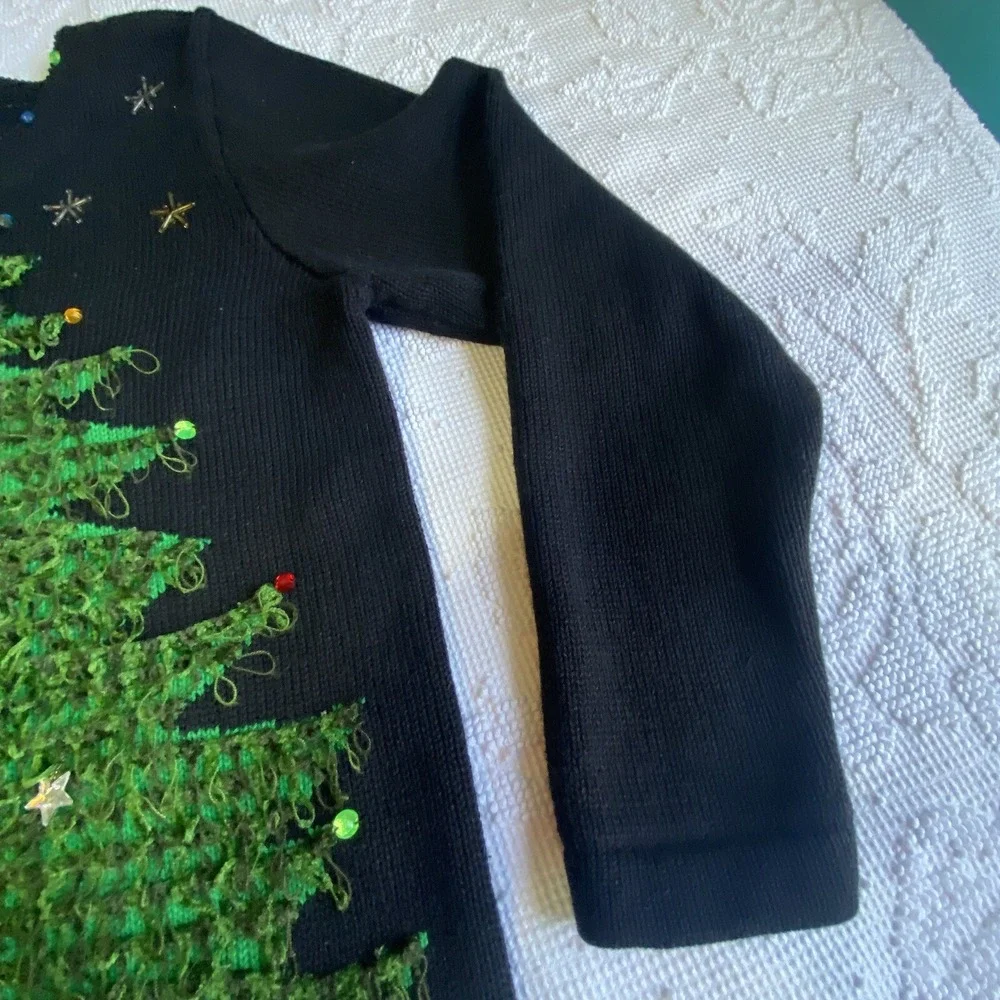 Berek 2 Sweater Christmas Tree 3D Sz S VTG Takako Saxon‎ Black Button Down Front